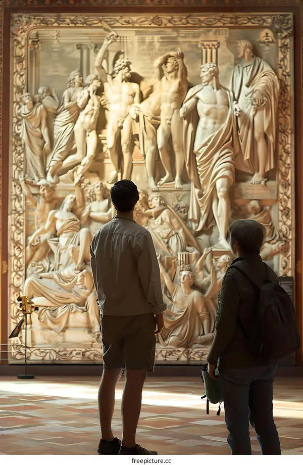 Two People Admiring a Relief Sculpture in a Museum