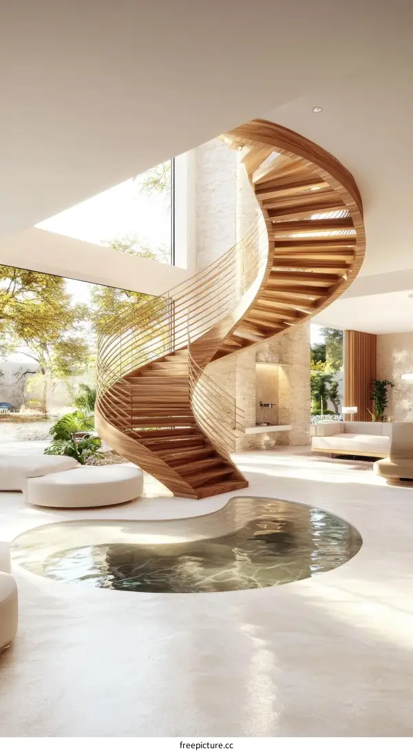 Spiral Wooden Staircase in Modern Home Interior