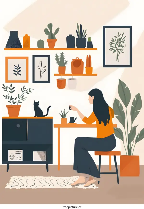 Woman Sitting at a Table in a Modern Home With Plants and a Cat