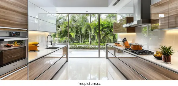 Modern Kitchen with Wide Glass Door View