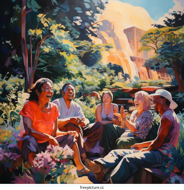 A group of friends sitting on a rock in a lush green forest having a conversation and laughing