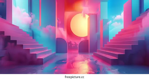 Neon Lights in a Surrealistic Pink and Blue Vaporwave Landscape