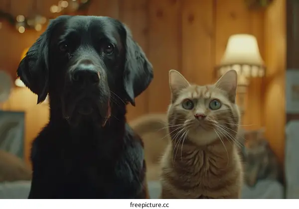 A black dog and an orange cat are sitting next to each other on a couch