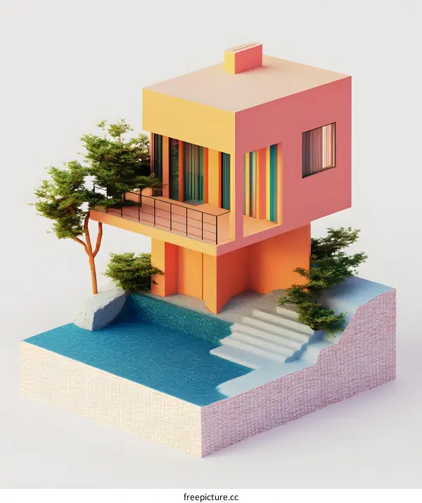 Modern Minimalist House Illustration with Swimming Pool and Balcony