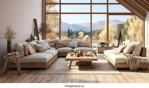 Modern living room interior with large windows and a view of the mountains