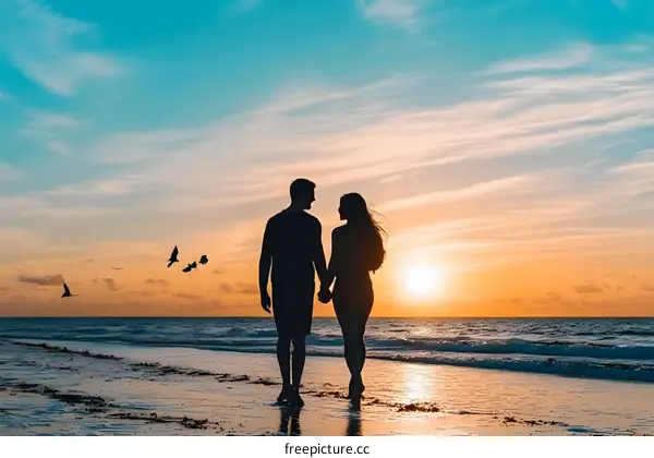 Silhouette of Couple Walking on Beach at Sunset