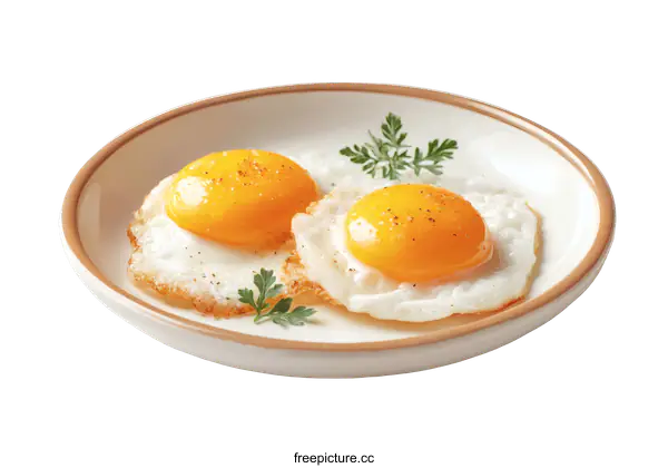 [Transparent Background PNG]Two Fried Eggs on a Plate with Herbs