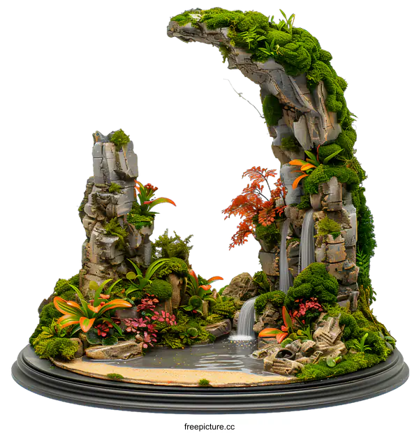 [Transparent Background PNG]Miniature Waterfall Landscape with Green Moss and Plants
