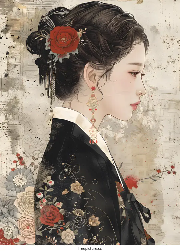 A digital painting of a young woman in a traditional Korean hanbok dress with a red rose in her hair and traditional Korean earrings.
