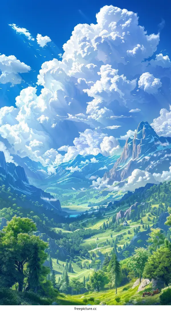 Fantasy Landscape with Mountains, Valley and Clouds