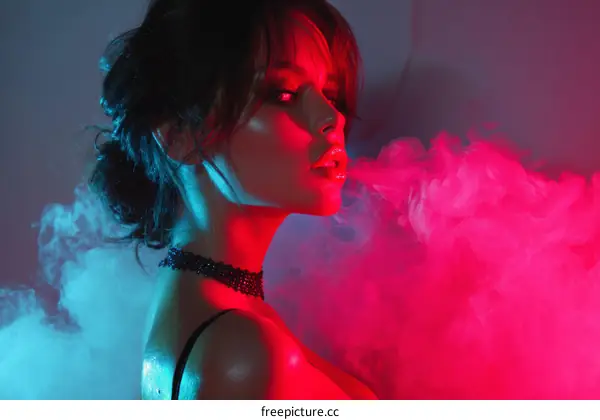Woman Exhaling Smoke in Artistic Lighting