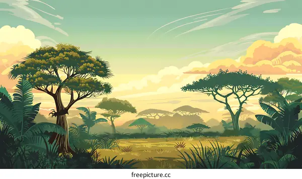 Beautiful African Landscape Illustration With Trees And Grass
