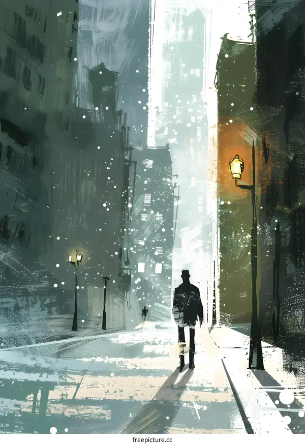 Man Walking Through a Snowy City Street Illustration