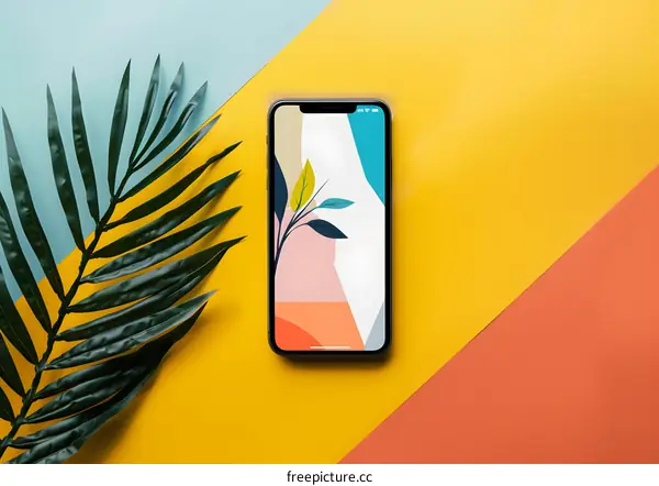 Phone with Tropical Leaf on Yellow Background