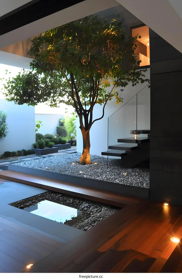 Modern Minimalist Interior Design with Tree and Water Feature
