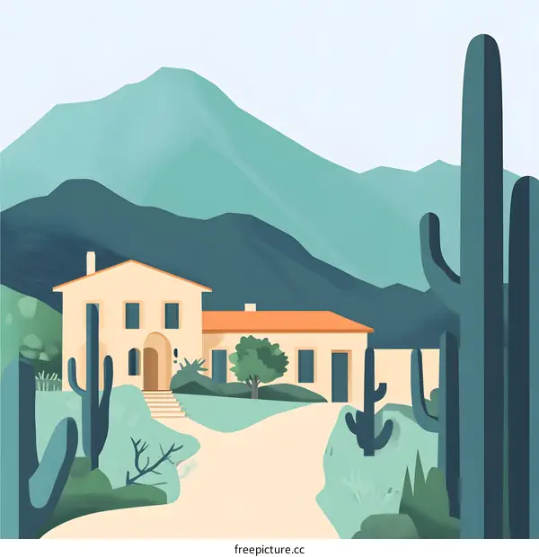 Modern Desert House Illustration with Cactus and Mountains