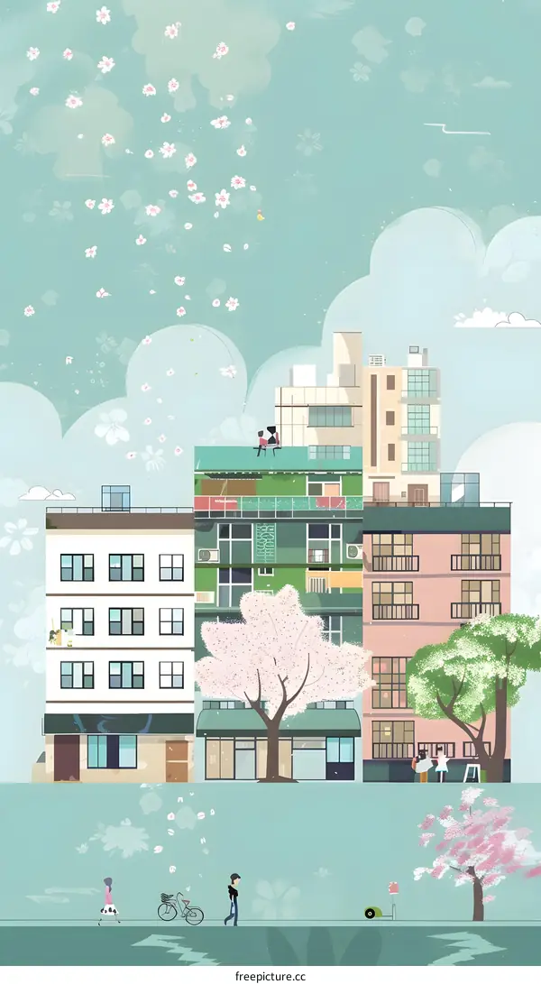 Cityscape with Cherry Blossoms and People