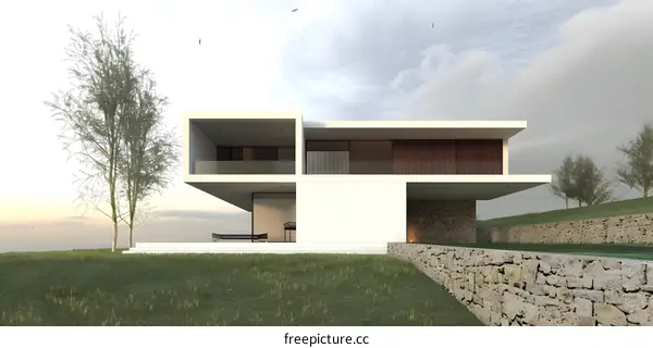 Modern Minimalist House with Stone Wall and Lush Greenery