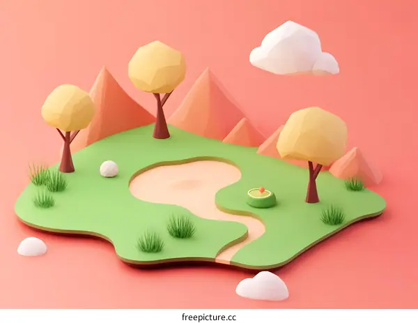 Low Poly Landscape with Trees and a Cloud