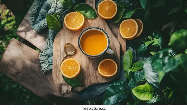 Orange Juice with Sliced Oranges and Green Leaves on a Wooden Board