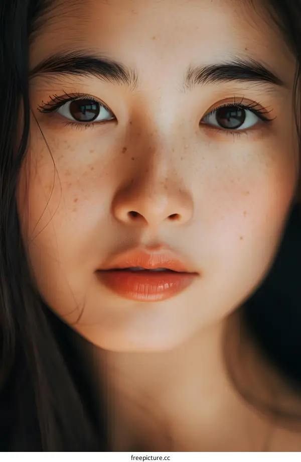 Close Up Portrait of Young Asian Woman with Freckles