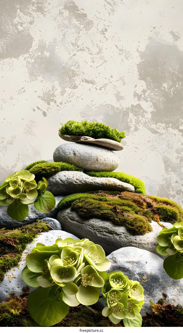 Green Moss and Stones on a White Background