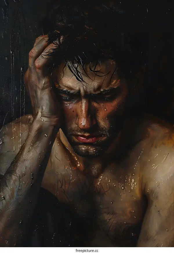 A portrait of a man with dark hair and a beard, with water droplets on his skin