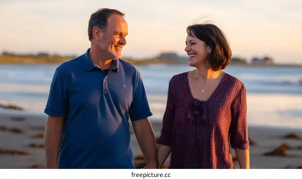 Couple Holding Hands Walking On The Beach At Sunset