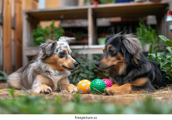 Two Australian Shepherd dogs lying on the ground next to each other with a ball