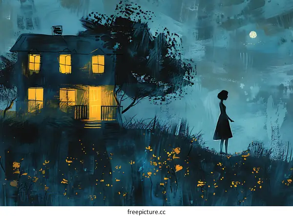 Silhouette of a Woman Standing in Front of a House at Night