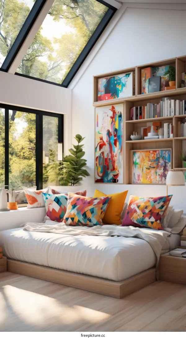 A bedroom with a large window and a high ceiling