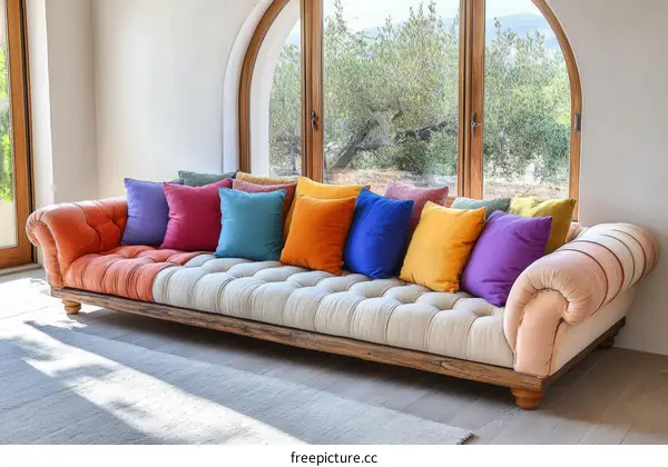 Colorful Sectional Sofa with  Multicolored Cushions in a Modern Living Room
