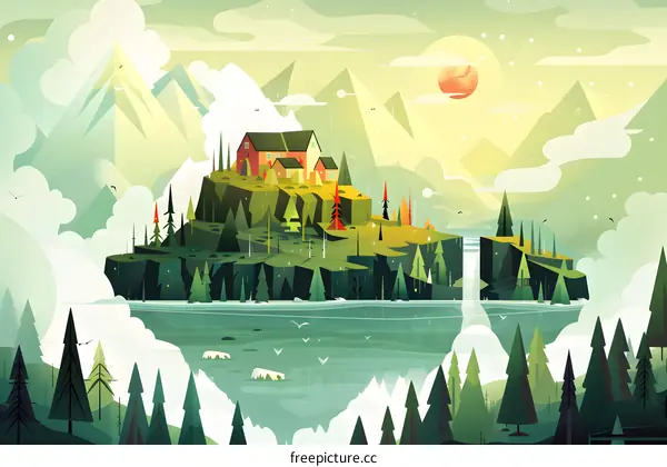 Illustrated Landscape with a House on a Cliff