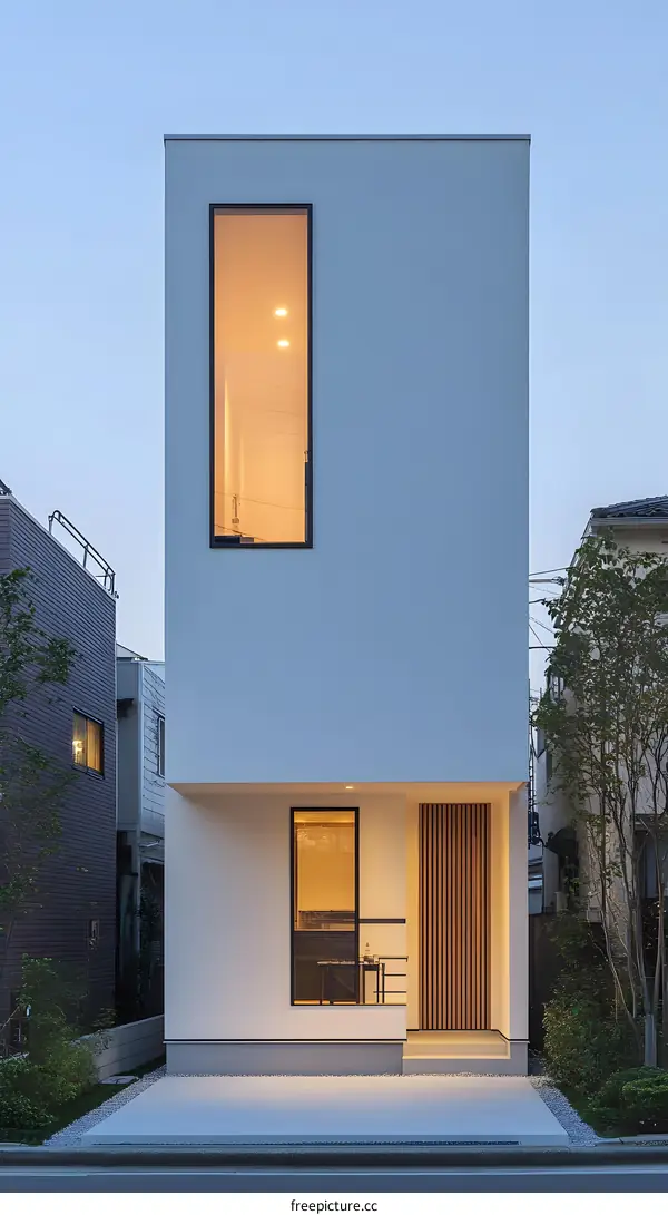 Modern Minimalist White House with Wooden Door and Large Windows