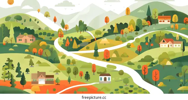 Abstract Flat Style Illustration of a Green Landscape With Houses and Winding Roads