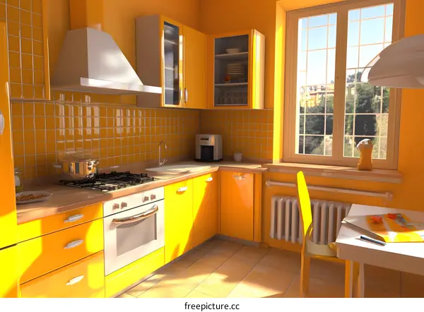 Modern Kitchen Interior Design with Yellow Cabinets and Stainless Steel Appliances
