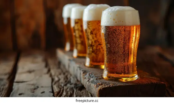 Four glasses of draft beer on a wooden plank with a blurred background