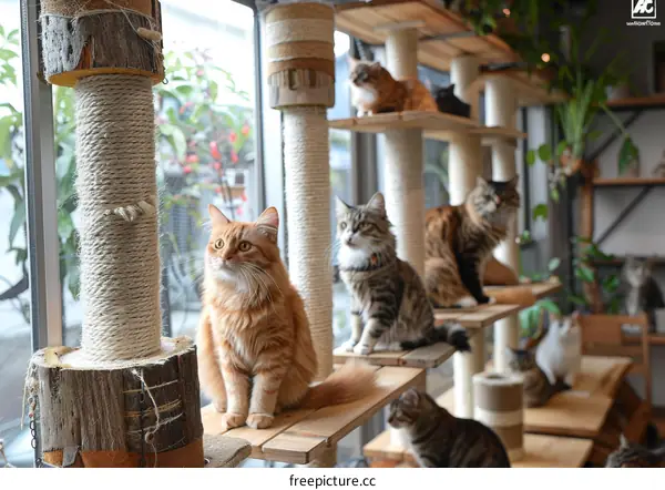 A group of cats sitting on a wooden cat tree looking out the window