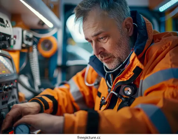 paramedic checking medical equipment in ambulance