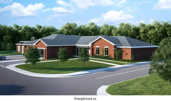 Brick Building with a Green Lawn and a Car in the Driveway