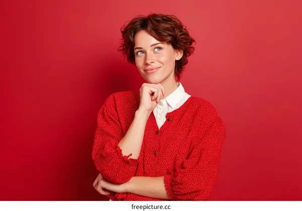 Thoughtful Woman in Red Cardigan Against Red Background