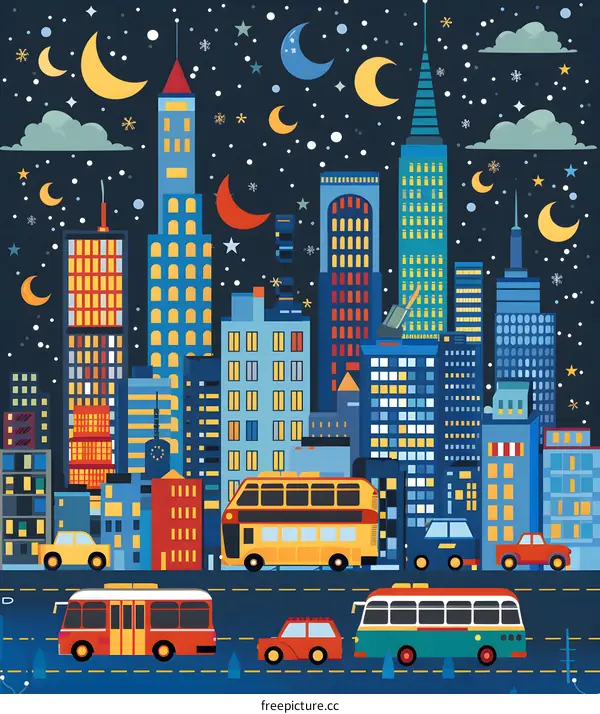 Night Cityscape Illustration with Stars, Moon, and Buildings