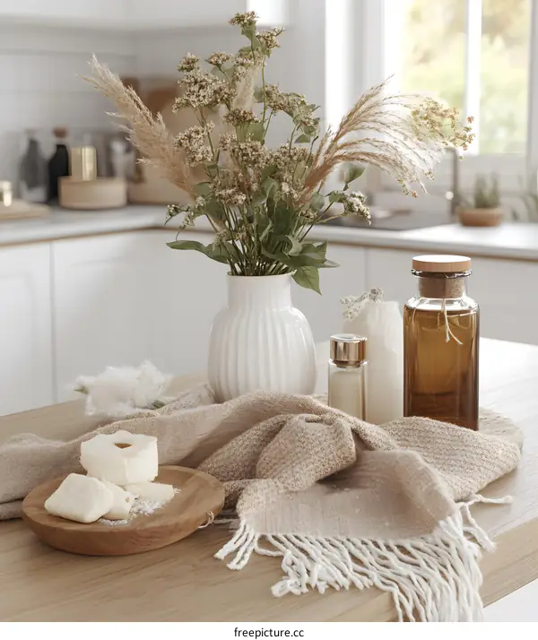 White Vase With Dried Flowers On Wooden Table