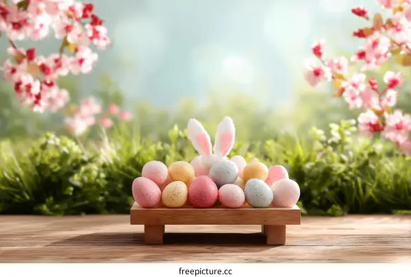 Easter Eggs and a Bunny on a Wooden Tray