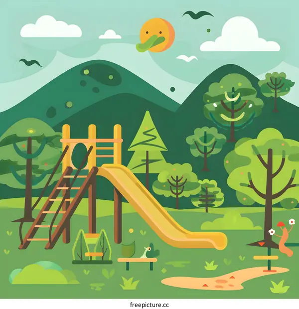 Flat Style Illustration of a Playground in the Forest
