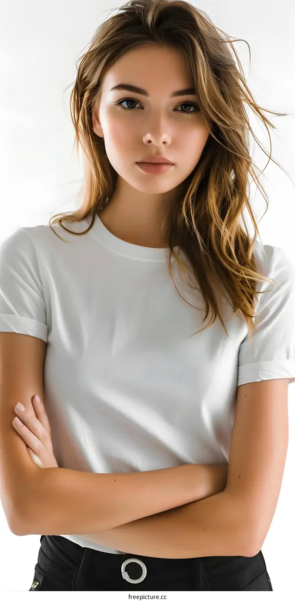 portrait of a young woman in a white t-shirt