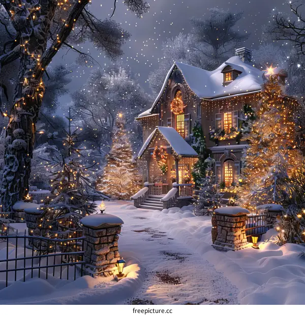 Christmas House Exterior with Lights and Decorations