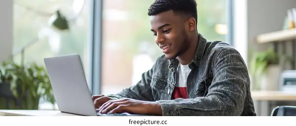 Smiling African American Man Working on Laptop in Office Setting