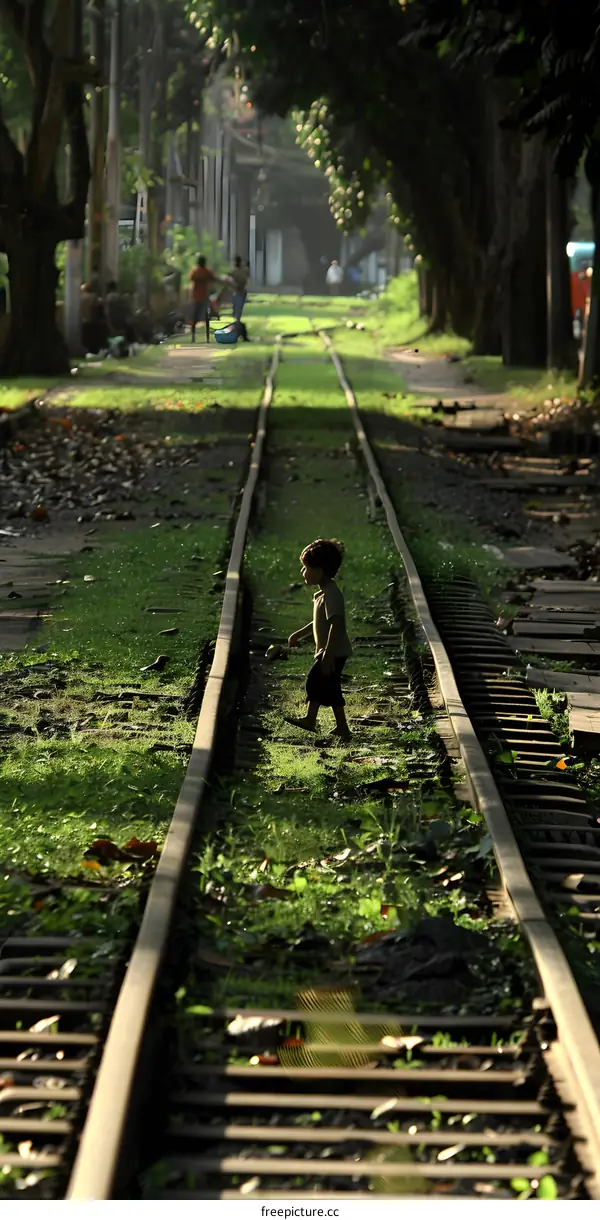 Child Walking on Train Tracks in India