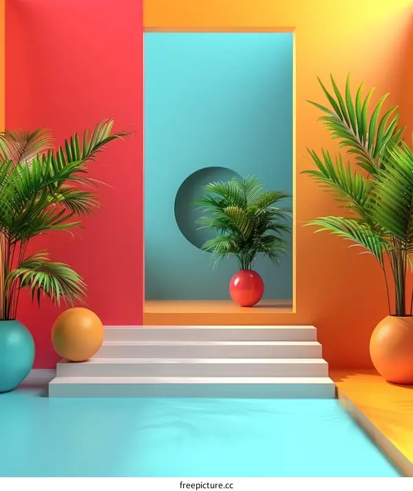 3D illustration of a colorful room with stairs, palm trees, and a blue pool